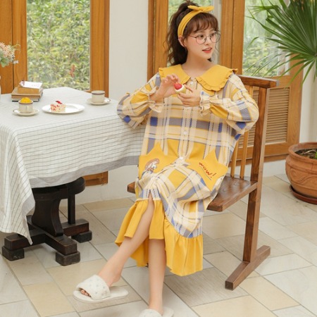 귀여운 잠옷 원피스 홈웨어 파자마 옐로우 민트 체크 트윈룩