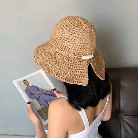 뒷트임 진주 포인트 밀짚버킷햇 벙거지 여름 휴양지 모자